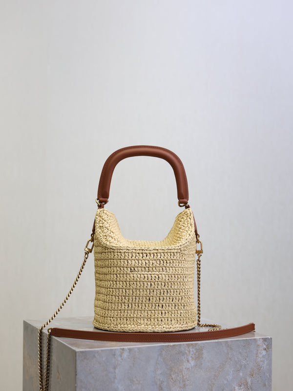 Gaby Bucket 17cm Brown Beige Raffia Leather GHW