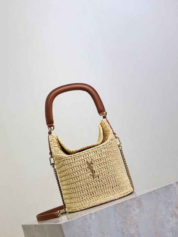 Gaby Bucket 17cm Brown Beige Raffia Leather GHW