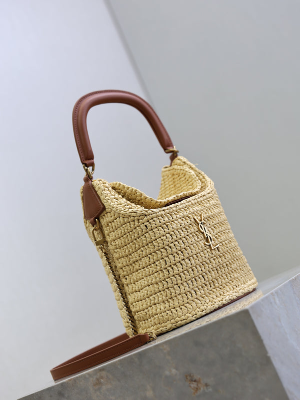 Gaby Bucket 17cm Brown Beige Raffia Leather GHW