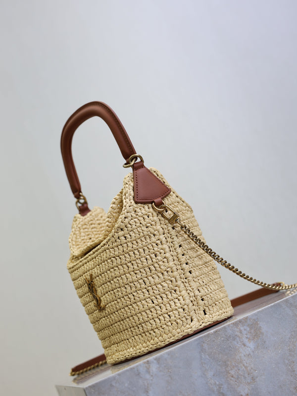 Gaby Bucket 17cm Brown Beige Raffia Leather GHW