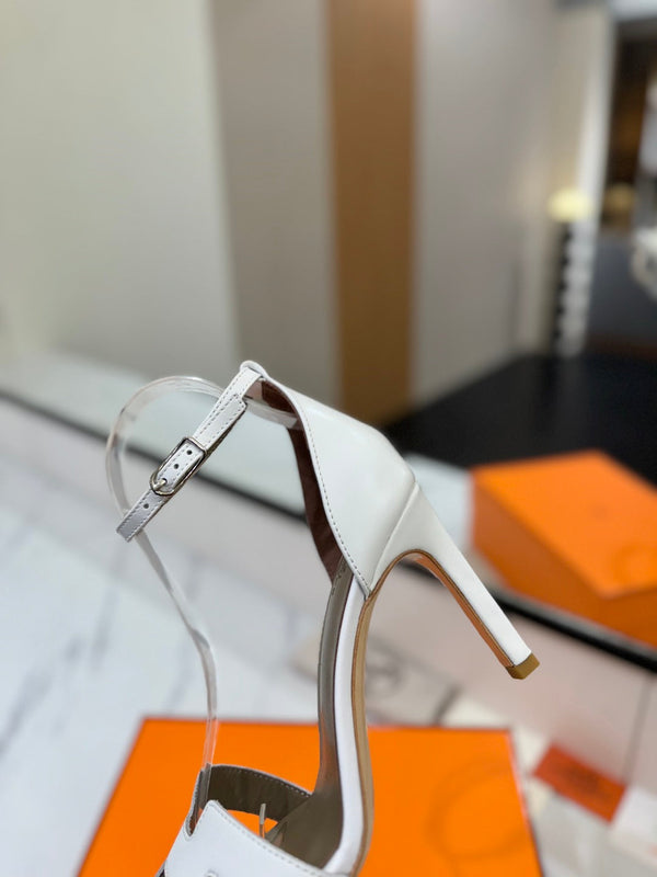 Sandali con tacco HM Joy 90mm in pelle di vacchetta bianca piatta 294916