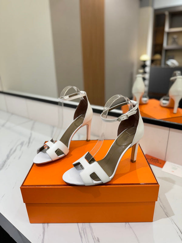 Sandali con tacco HM Joy 90mm in pelle di vacchetta bianca piatta 294916