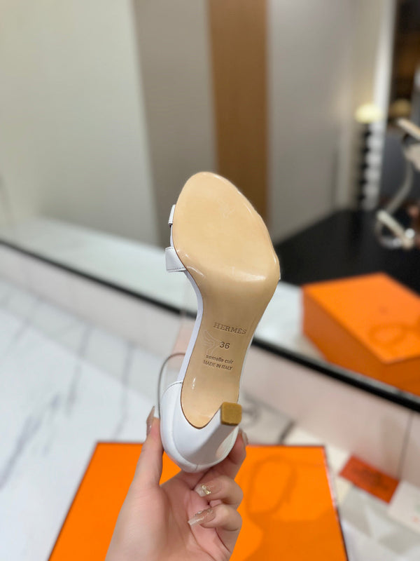 Sandali con tacco HM Joy 90mm in pelle di vacchetta bianca piatta 294916