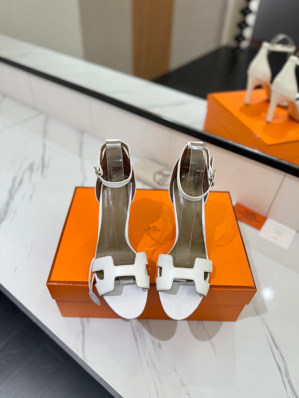 Sandali con tacco HM Joy 90mm in pelle di vacchetta bianca piatta 294916