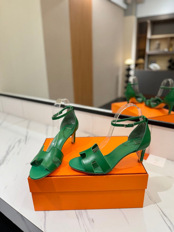 Sandali con tacco HM Joy 65mm in pelle di vacchetta verde piatta 294932