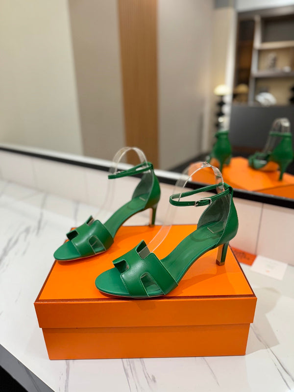 Sandali con tacco HM Joy 65mm in pelle di vacchetta verde piatta 294932