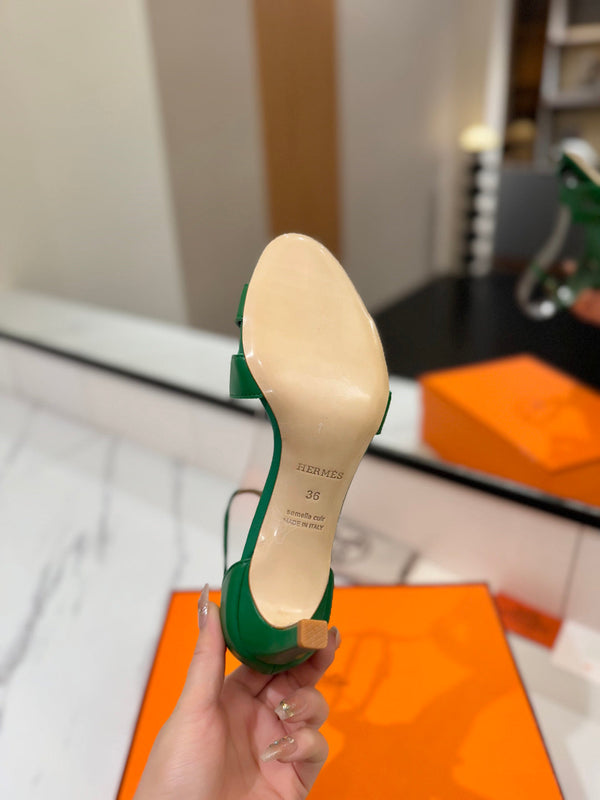 Sandali con tacco HM Joy 65mm in pelle di vacchetta verde piatta 294932