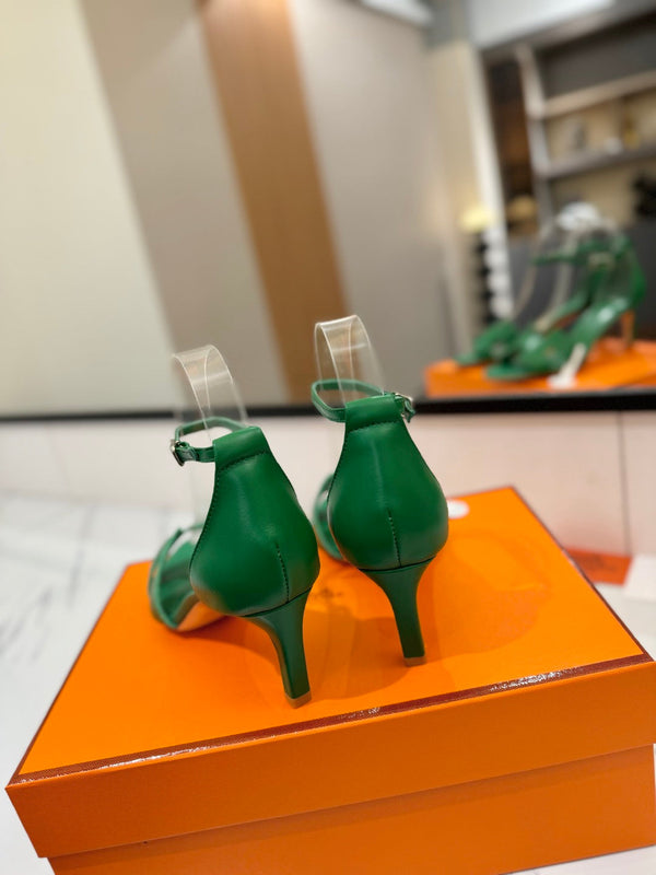 Sandali con tacco HM Joy 65mm in pelle di vacchetta verde piatta 294932