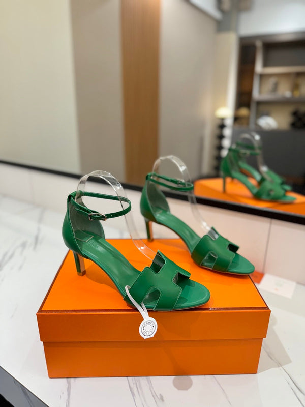 Sandali con tacco HM Joy 65mm in pelle di vacchetta verde piatta 294932