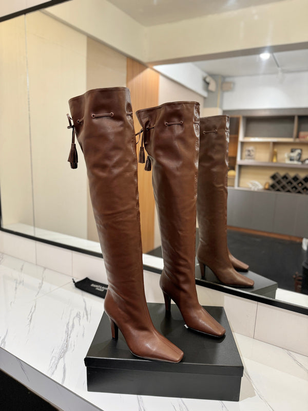 YSL 25 Over-the-Knee Martin Boot Brown Calfskin 520783
