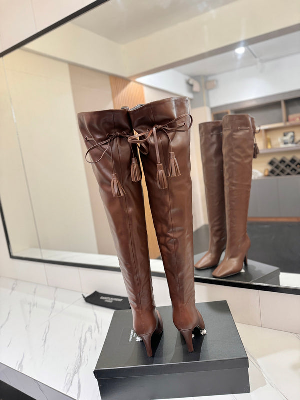 YSL 25 Over-the-Knee Martin Boot Brown Calfskin 520783