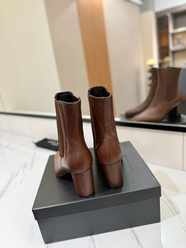 YSL 25 Chelsea Mid-heeled Boot Brown Calfskin 520777