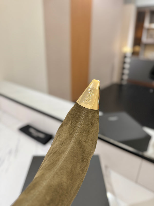 YSL 25 Metal Toe Short Boot Olive Green Gold Suede 520785