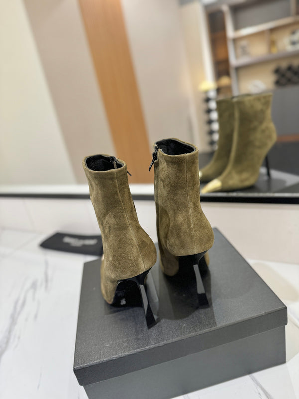 YSL 25 Metal Toe Short Boot Olive Green Gold Suede 520785