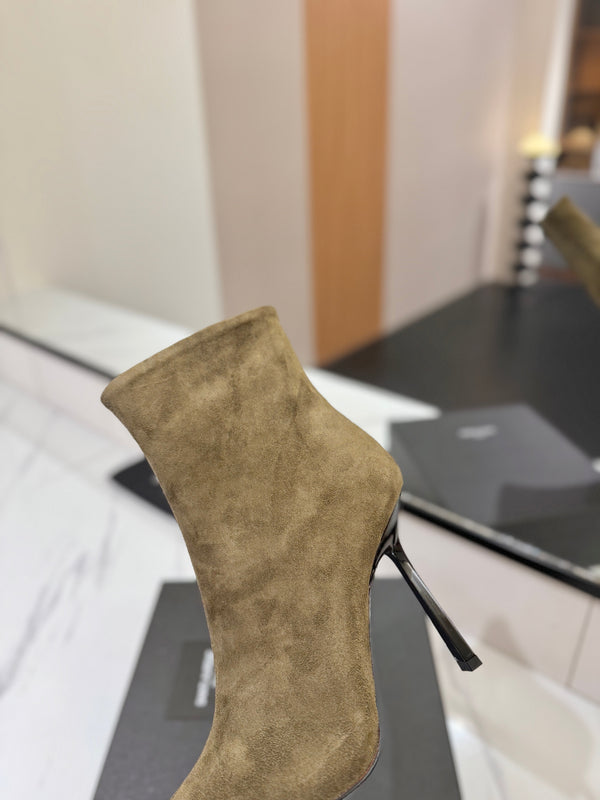 YSL 25 Metal Toe Short Boot Olive Green Gold Suede 520785