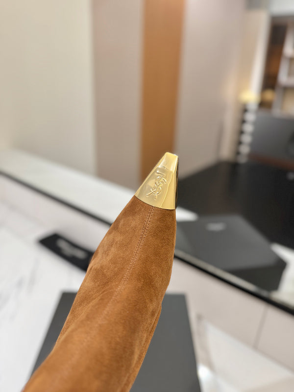 YSL 25 Metal Toe Short Boot Brown Gold Suede 520786