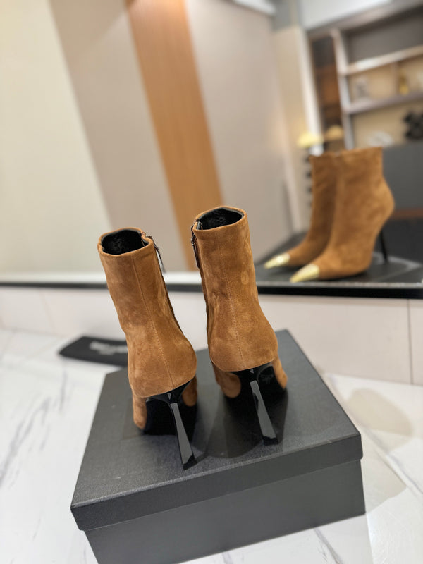 YSL 25 Metal Toe Short Boot Brown Gold Suede 520786