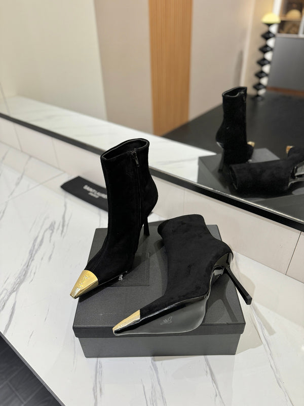 YSL 25 Metal Toe Short Boot Black Gold Suede 520787