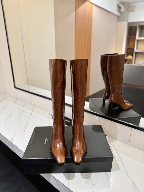 YSL 25 Zipper Sleeve Boot Brown Cowhide 520789