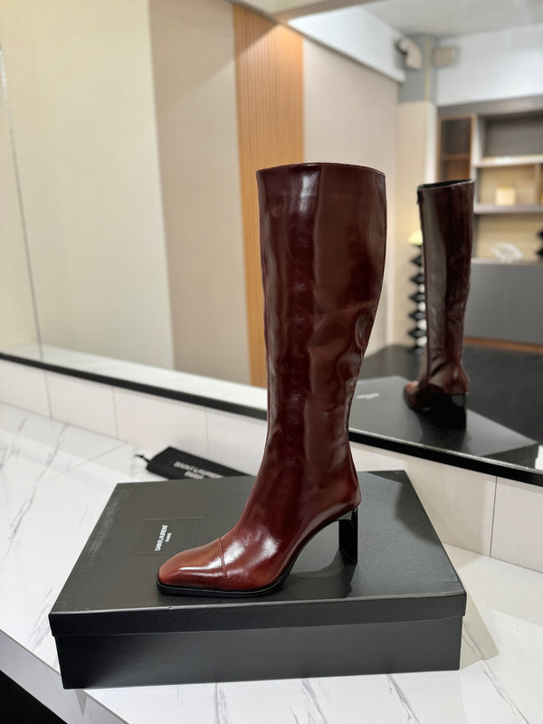 YSL 25 Zipper Sleeve Boot Burgundy Cowhide 520790