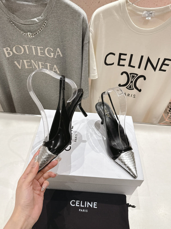 Decolleté Celine 25C Slingback in pelle di pecora mista nera e argento 236772