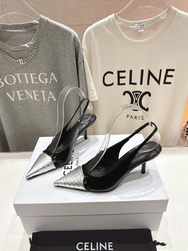 Decolleté Celine 25C Slingback in pelle di pecora mista nera e argento 236772