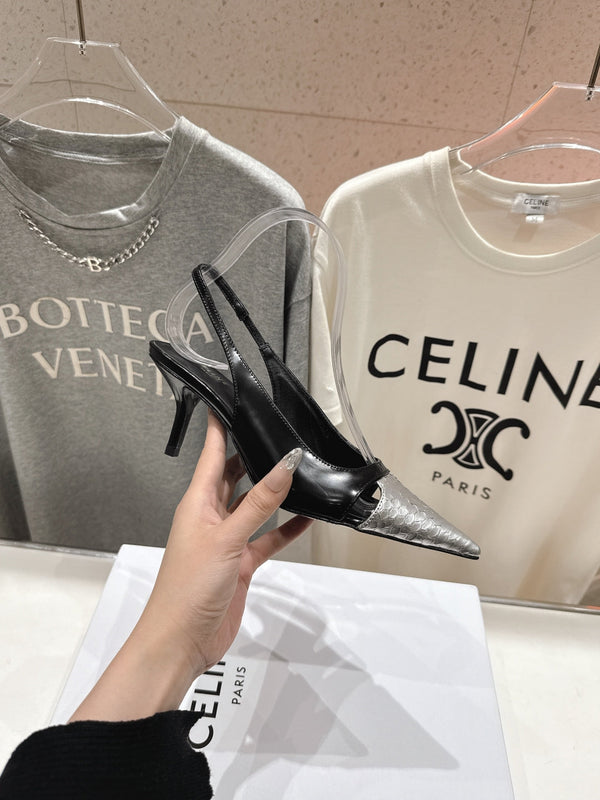 Decolleté Celine 25C Slingback in pelle di pecora mista nera e argento 236772