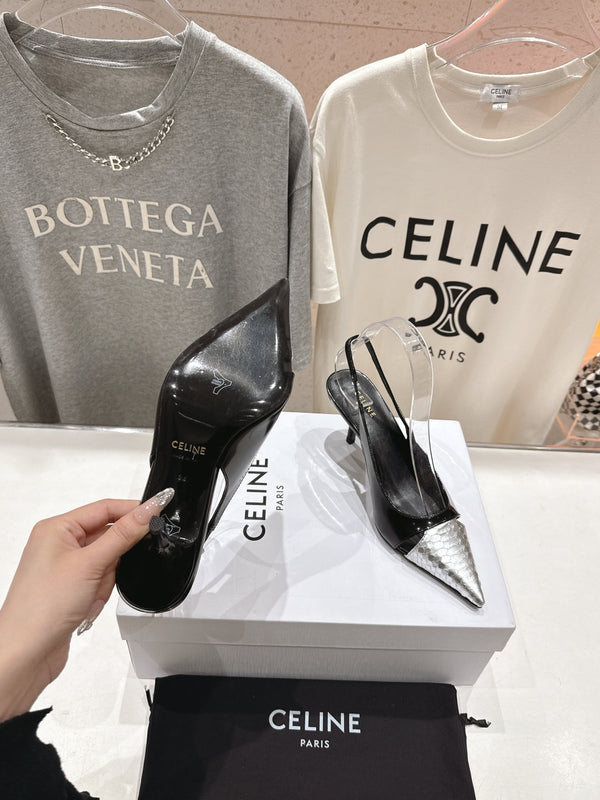Decolleté Celine 25C Slingback in pelle di pecora mista nera e argento 236772