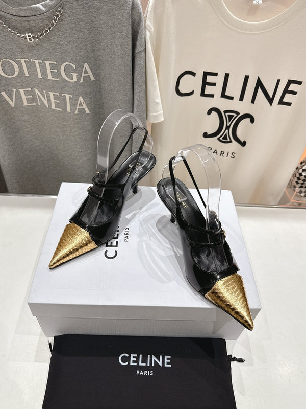 Celine 25C Judy Double Strap Mary Jane Slingback Black mix Gold Sheepskin 236775
