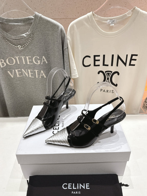 Celine 25C Judy Double Strap Mary Jane Slingback Black mix Silver Sheepskin 236776