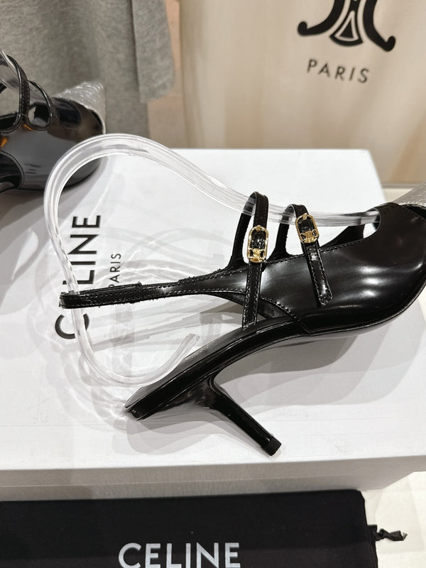 Celine 25C Judy Double Strap Mary Jane Slingback Black mix Silver Sheepskin 236776