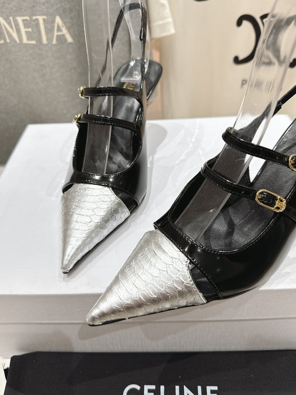 Celine 25C Judy Double Strap Mary Jane Slingback Black mix Silver Sheepskin 236776