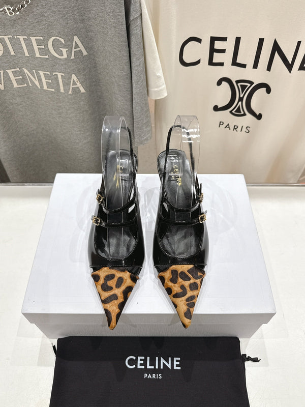 Celine 25C Judy Double Strap Mary Jane Slingback Black mix Brown Sheepskin 236777