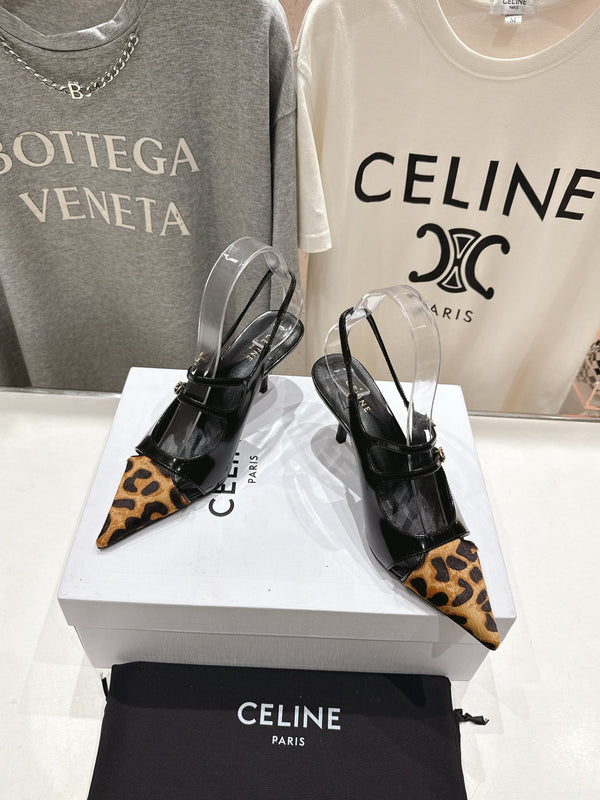 Celine 25C Judy Double Strap Mary Jane Slingback Black mix Brown Sheepskin 236777