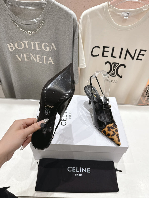 Celine 25C Judy Double Strap Mary Jane Slingback Black mix Brown Sheepskin 236777