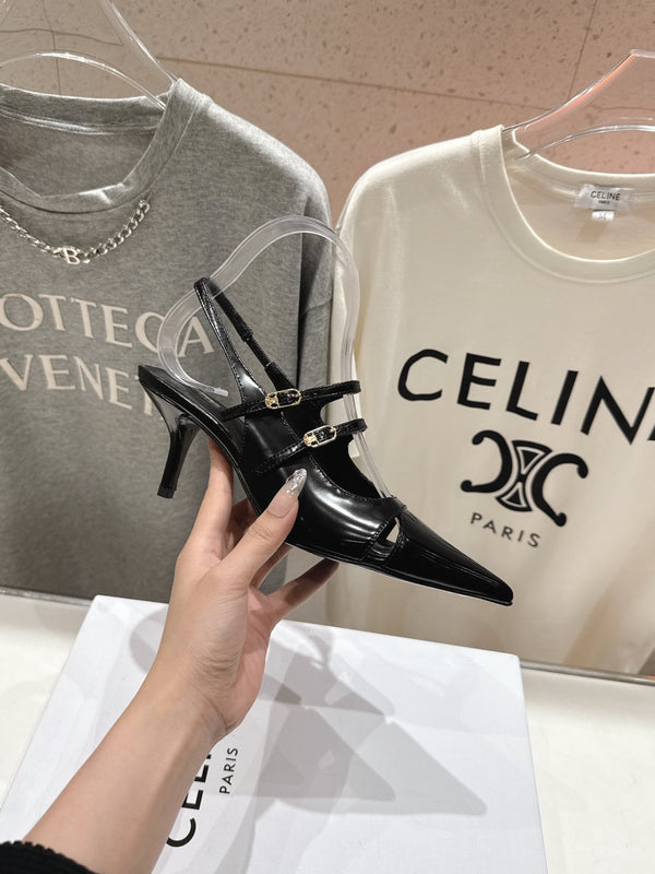 Celine 25C Judy Double Strap Mary Jane Slingback in pelle di pecora nera 236778