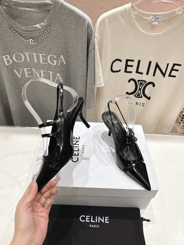 Celine 25C Judy Double Strap Mary Jane Slingback in pelle di pecora nera 236778