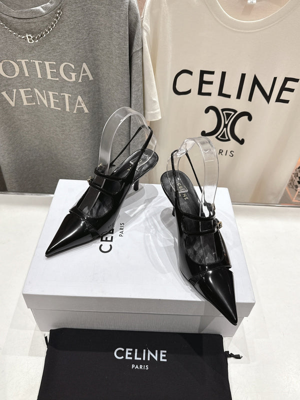 Celine 25C Judy Double Strap Mary Jane Slingback in pelle di pecora nera 236778