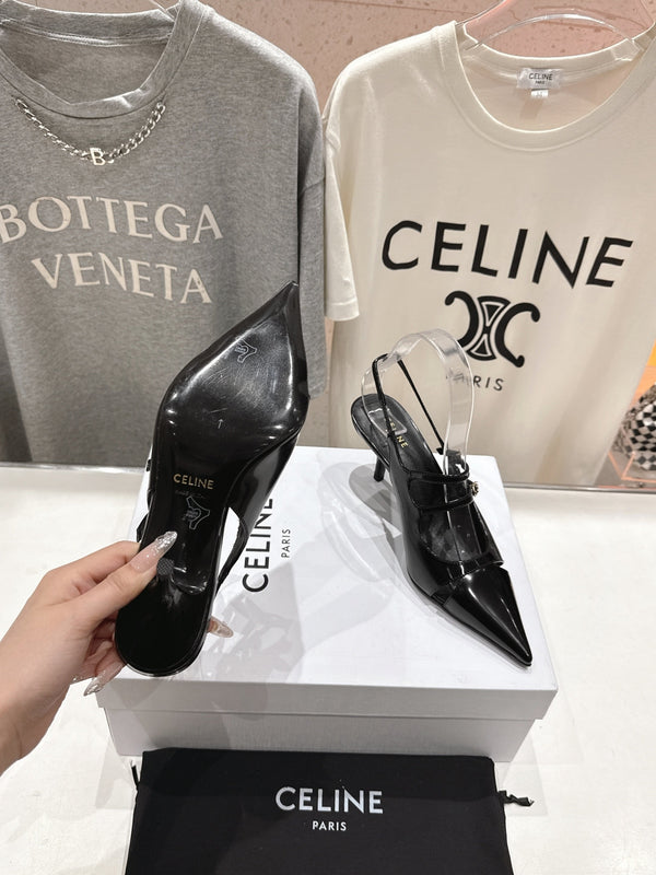 Celine 25C Judy Double Strap Mary Jane Slingback in pelle di pecora nera 236778