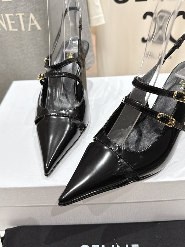 Celine 25C Judy Double Strap Mary Jane Slingback in pelle di pecora nera 236778