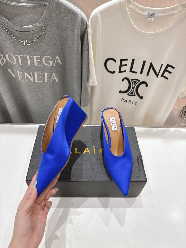 Alaia 25 Cube Wedge Mules Blue Silk Sheepskin 300081