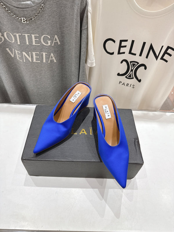Alaia 25 Cube Wedge Mules Blue Silk Sheepskin 300081
