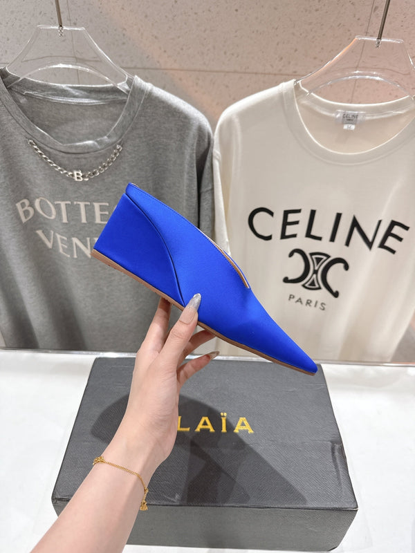 Alaia 25 Cube Wedge Mules Blue Silk Sheepskin 300081