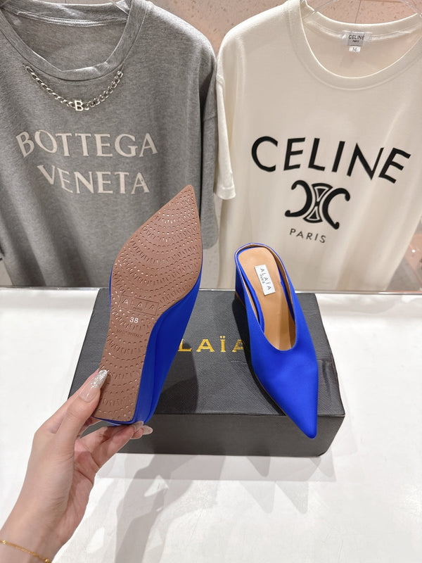 Alaia 25 Cube Wedge Mules Blue Silk Sheepskin 300081