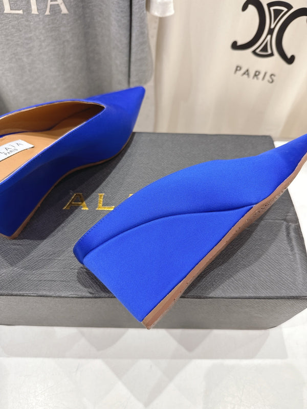 Alaia 25 Cube Wedge Mules Blue Silk Sheepskin 300081