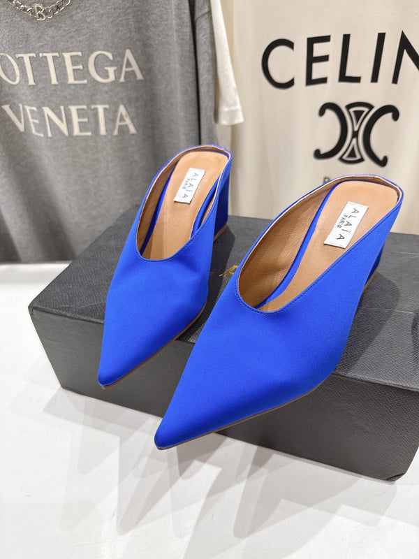 Alaia 25 Cube Wedge Mules Blue Silk Sheepskin 300081