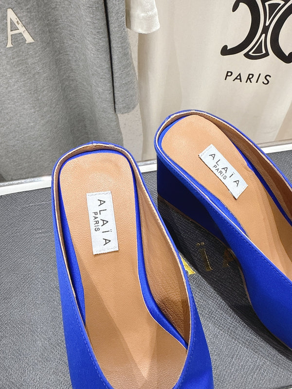 Alaia 25 Cube Wedge Mules Blue Silk Sheepskin 300081
