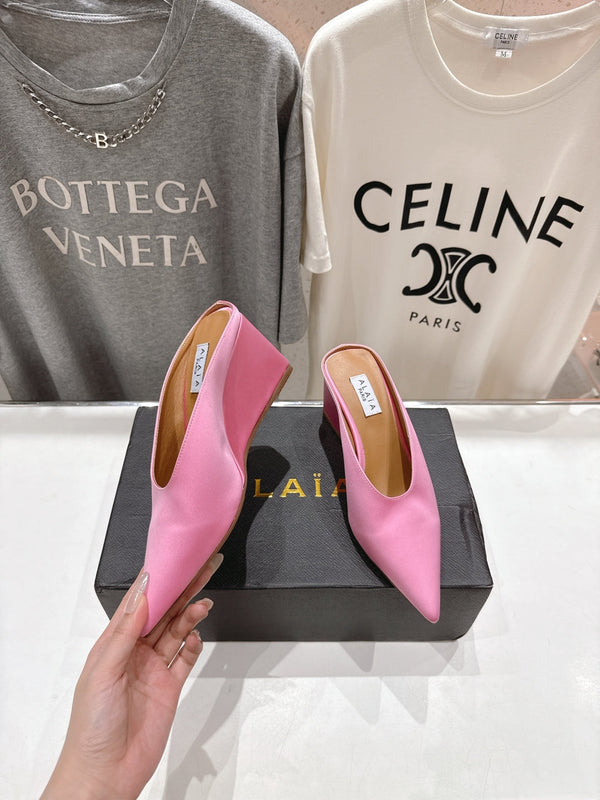 Alaia 25 Cube Wedge Mules Pink Silk Sheepskin 300082