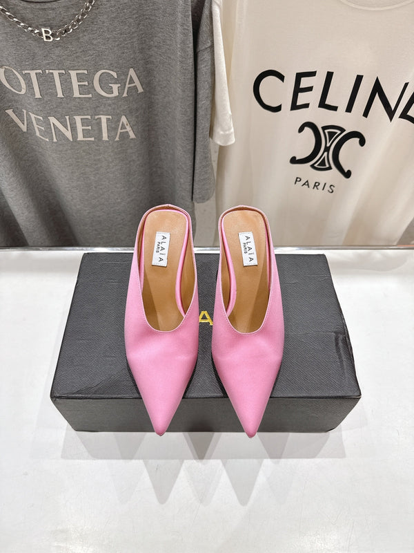 Alaia 25 Cube Wedge Mules Pink Silk Sheepskin 300082