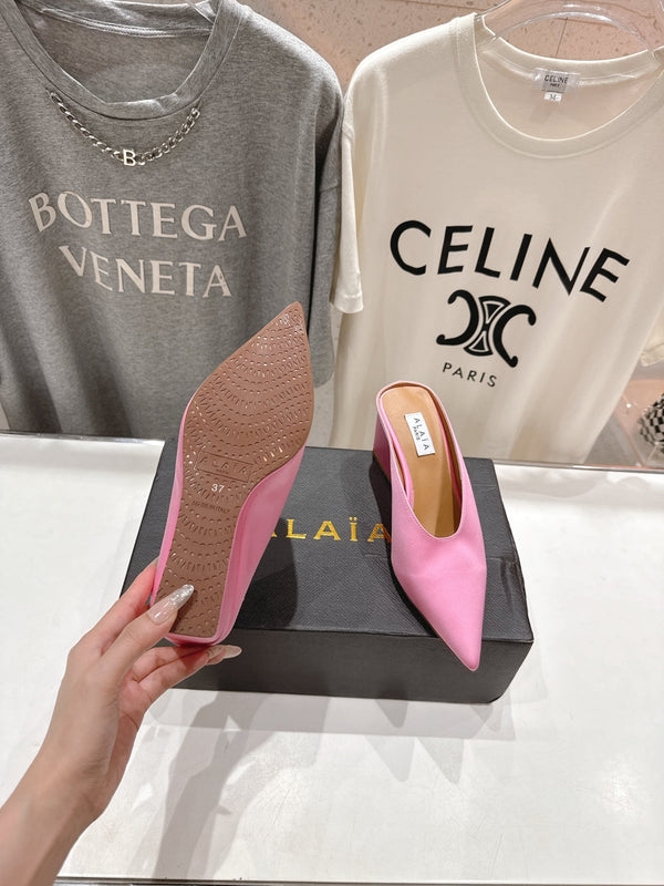 Alaia 25 Cube Wedge Mules Pink Silk Sheepskin 300082